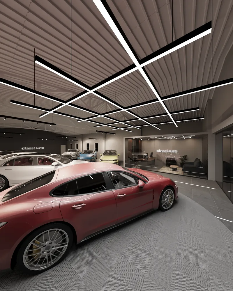 Classi Auto showroom: a red sports car under crossing lines of light in a slatted ceiling.
