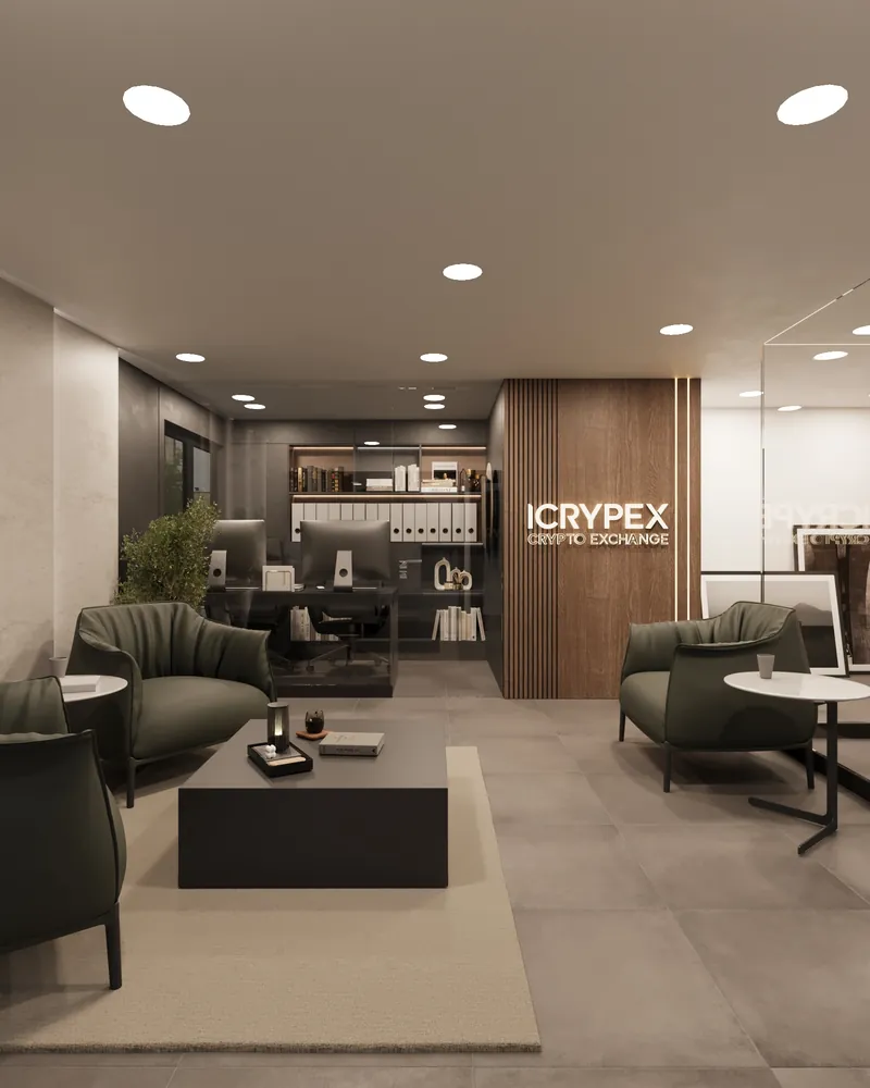 Crypto Office: olive armchairs around a low table, a dark wood wall and glass offices behind.