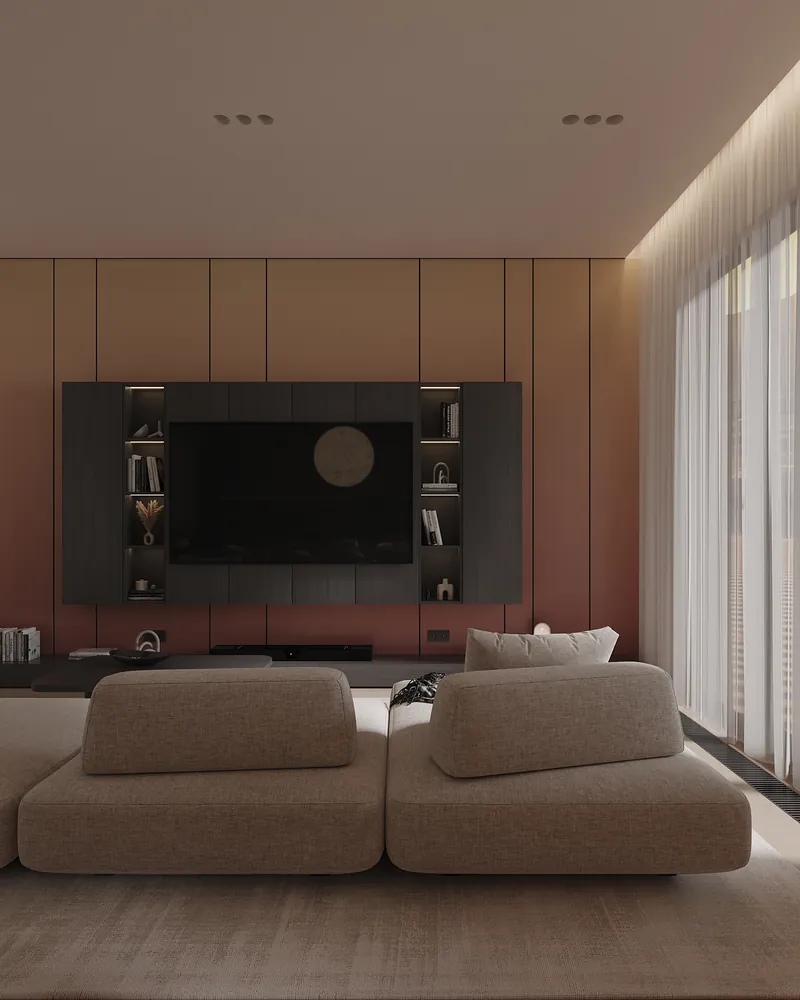 Dune, a concept: a living room in sand and clay tones with a low sofa and a dark media wall.