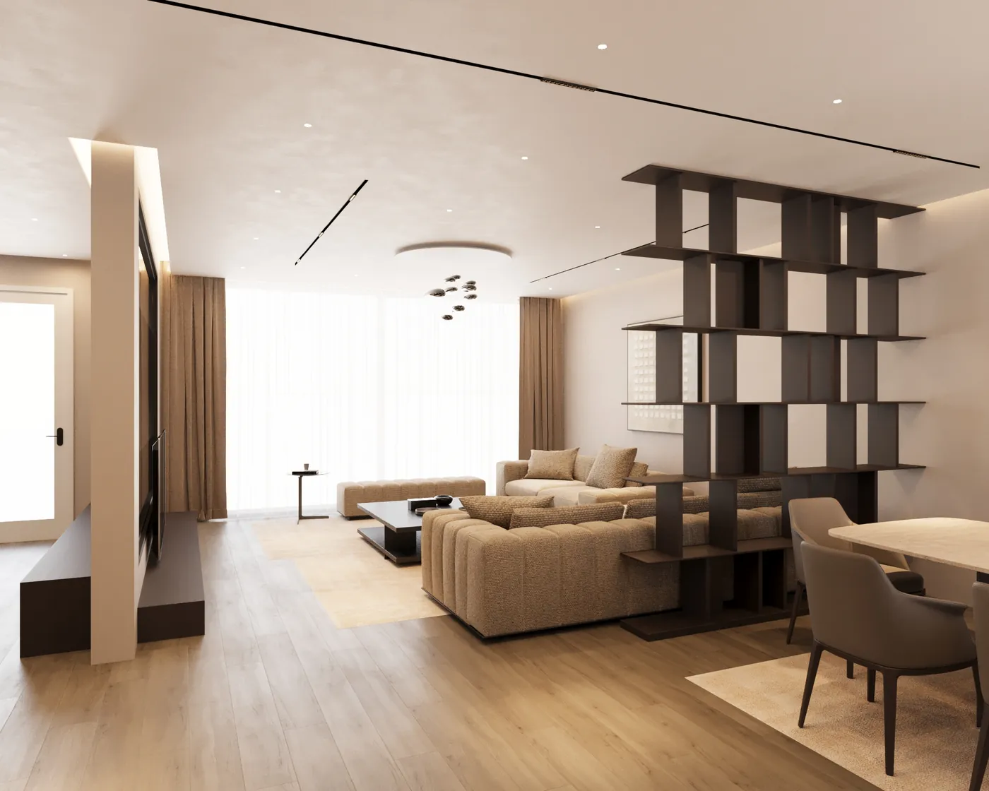OR House, the living room: a shelving wall in dark steel divides the sofas from the dining table.