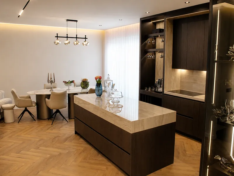The finished kitchen island in OR House, lived in.