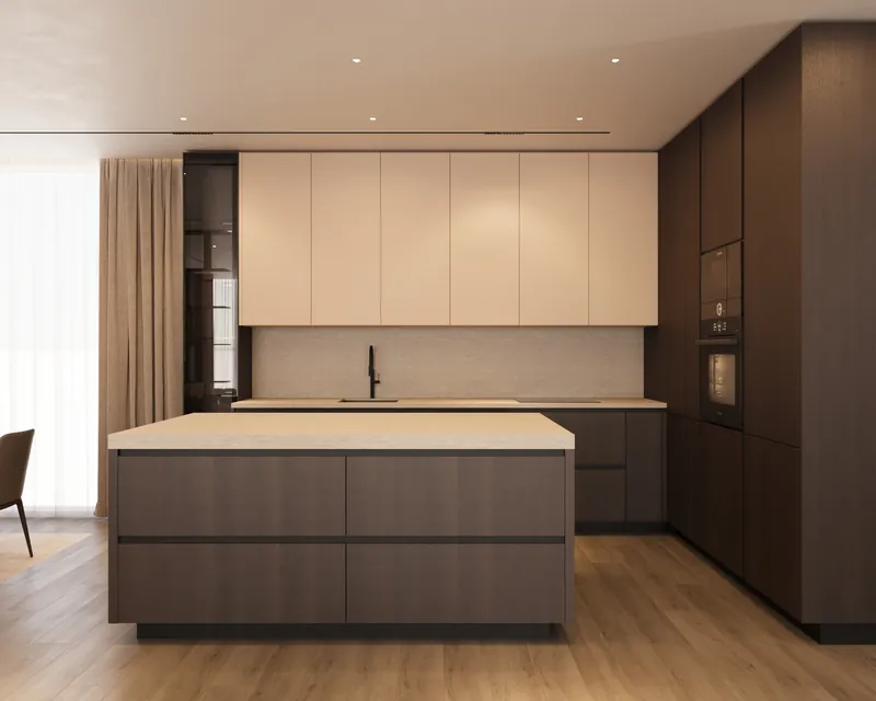 The kitchen and its island, rendered before the work began.