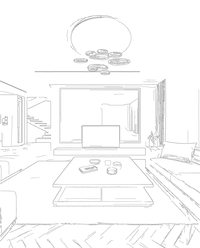 The same view of the living room as a line drawing.